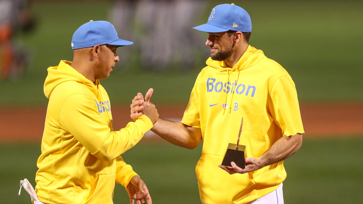 Boston Red Sox manager Alex Cora, starting pitcher Nathan Eovaldi