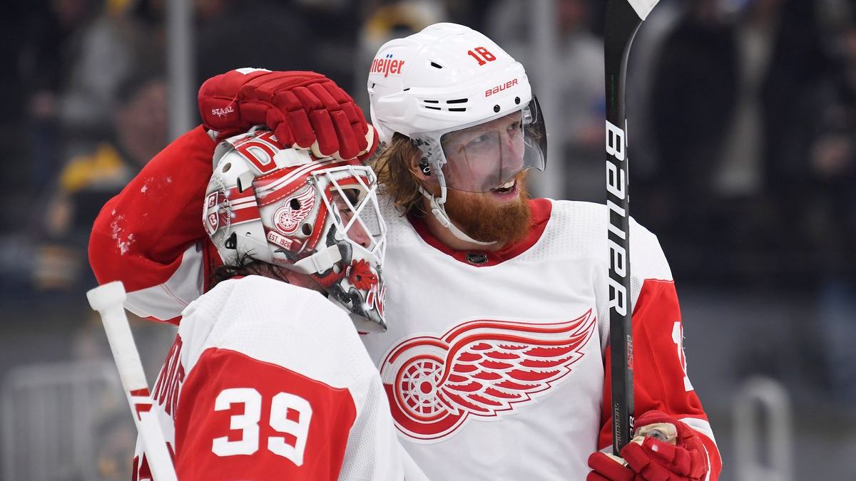 Detroit Red Wings goalie Alex Nedelijkovic, defenseman Marc Staal