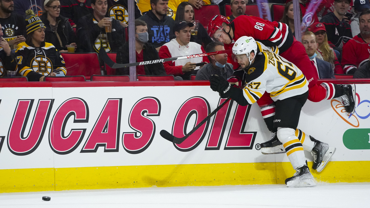 Boston Bruins defenseman Jakub Zboril, Carolina Hurricanes forward Martin necas