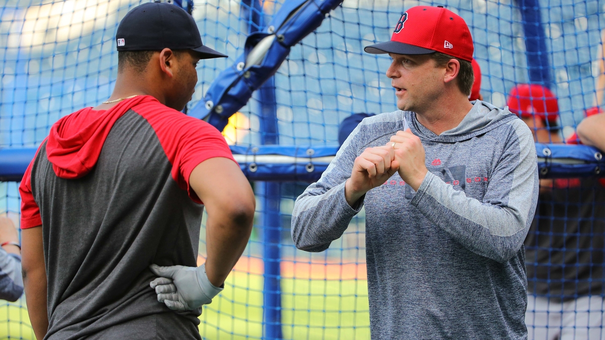 Boston Red Sox third baseman Rafael Devers, hitting coach Tim Hyers