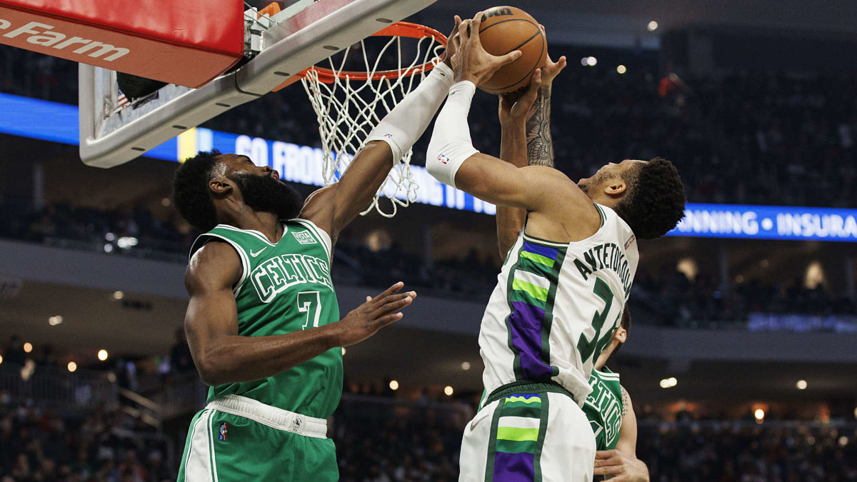 Boston Celtics guard Jaylen Brown and Milwaukee Bucks forward Giannis Antetokounmpo