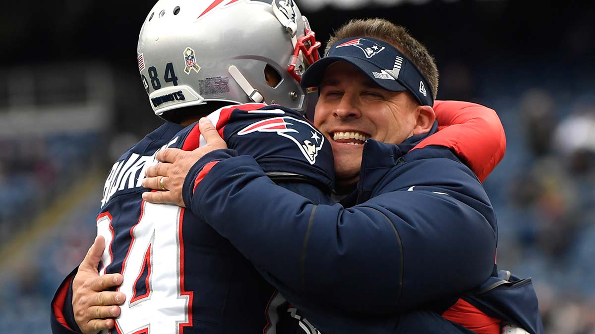 New England Patriots offensive coordinator Josh McDaniels and wide receiver Kendrick Bourne
