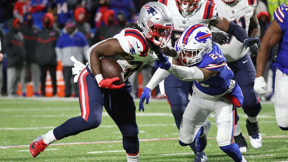 New England Patriots running back Rhamondre Stevenson and Buffalo Bills safety Jordan Poyer