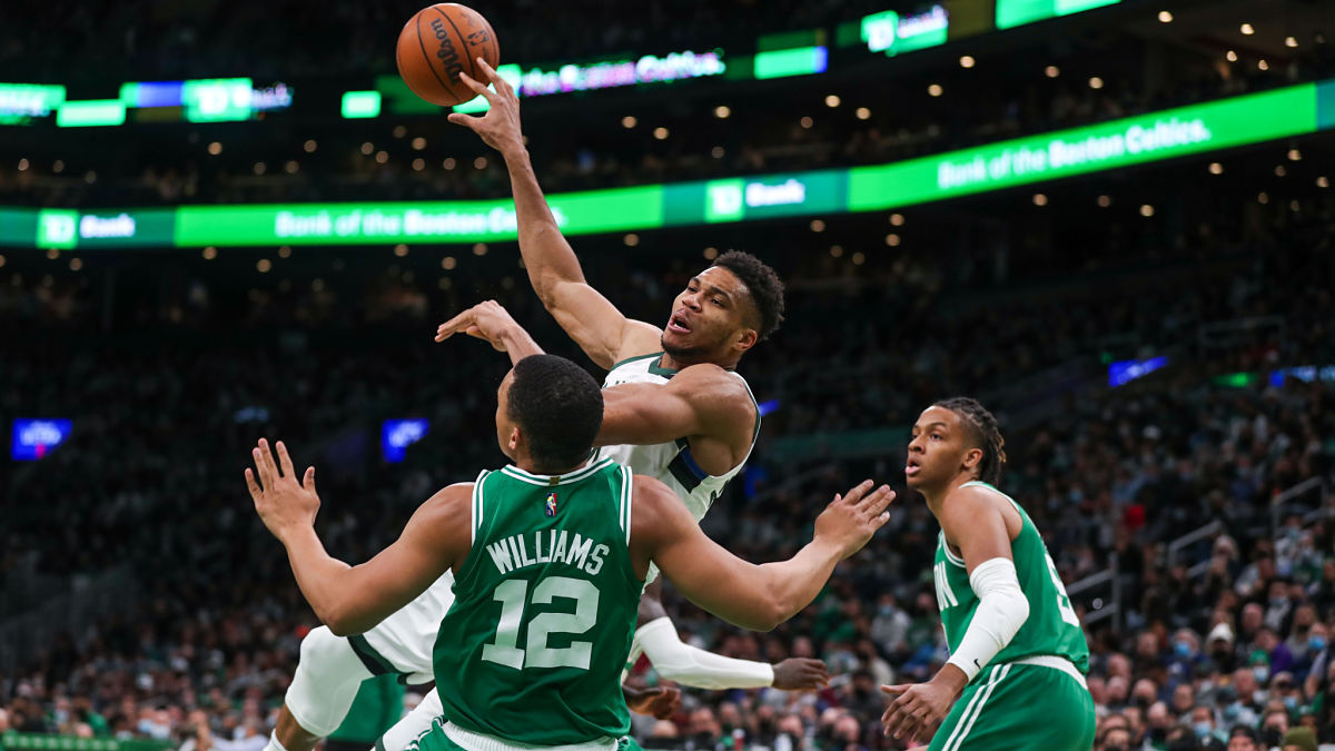 Boston Celtics forward Grant Williams, Milwaukee Bucks forward Giannis Antetokounmpo