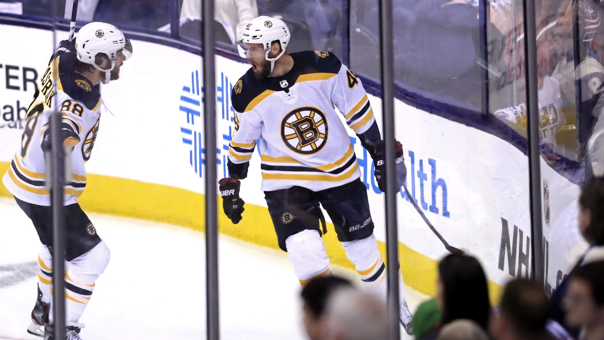 Boston Bruins forwards David Pastrnak, David Krejci