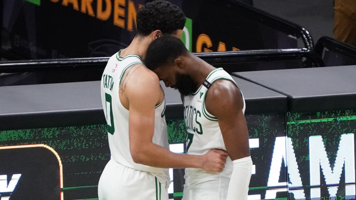 Boston Celtics forward Jayson Tatum (0) and guard Jaylen Brown (7)