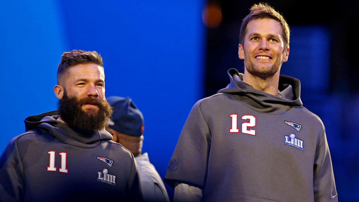 Retired NFL players Julian Edelman and Tom Brady