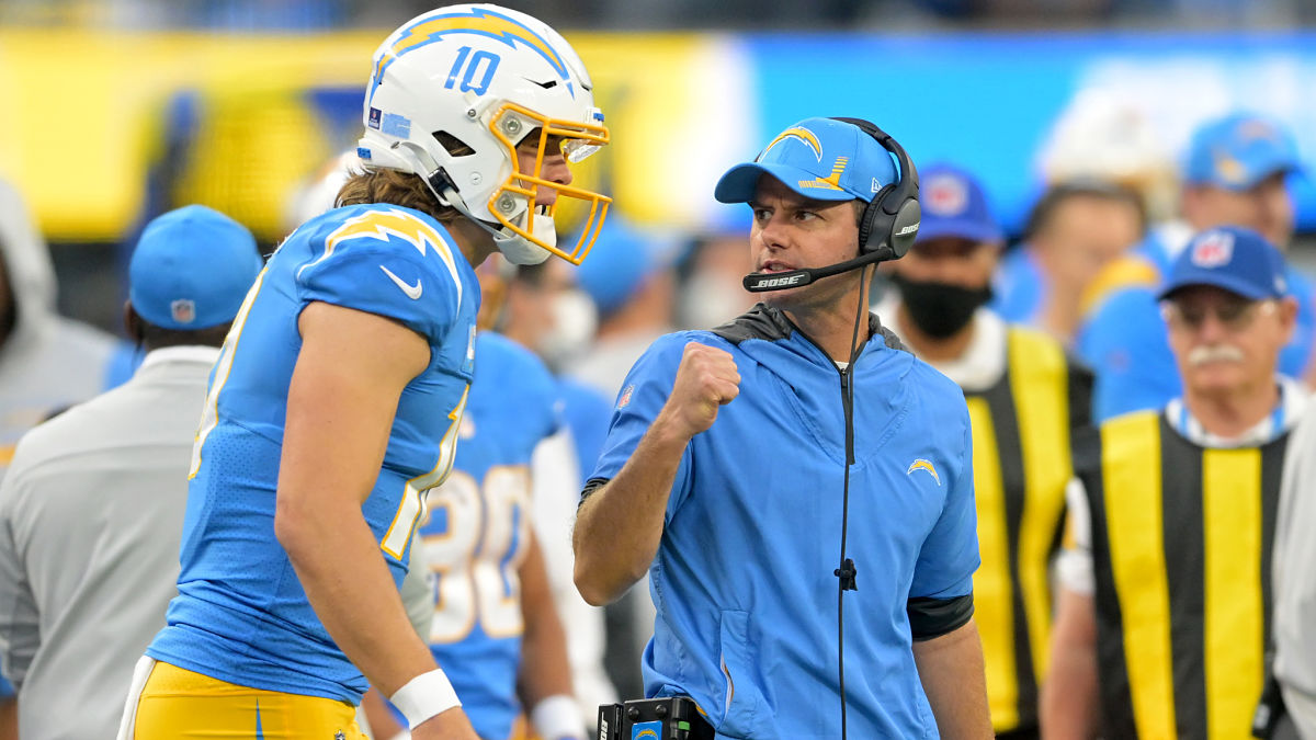 Los Angeles Chargers quarterback Justin Herbert and head coach Brandon Staley