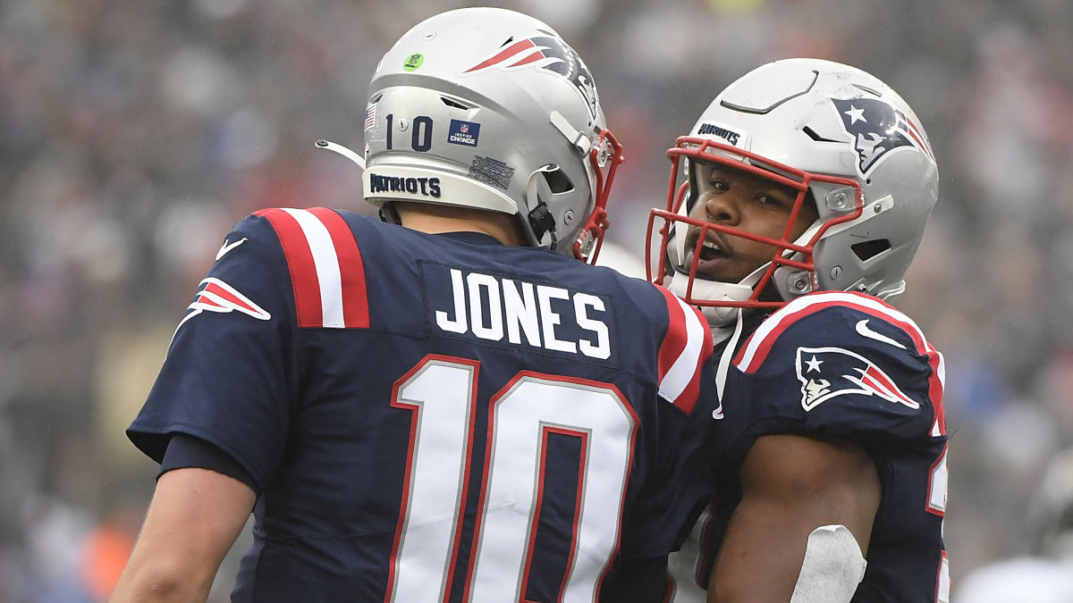 New England Patriots quarterback Mac Jones and running back Damien Harris