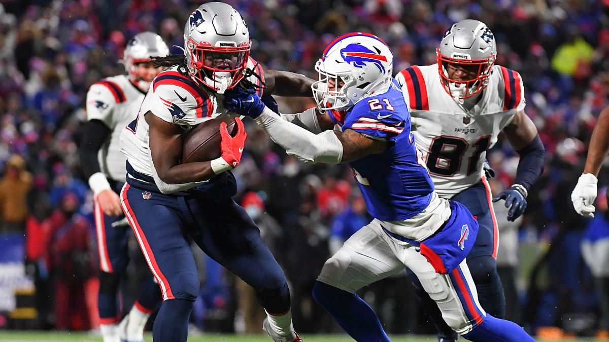 New England Patriots running back Rhamondre Stevenson and Buffalo Bills safety Jordan Poyer