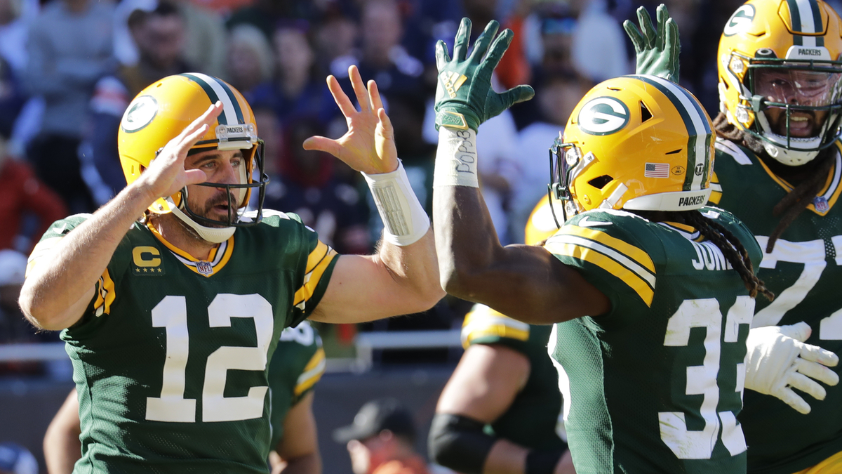 Green Bay Packers running back Aaron Jones, quarterback Aaron Rodgers