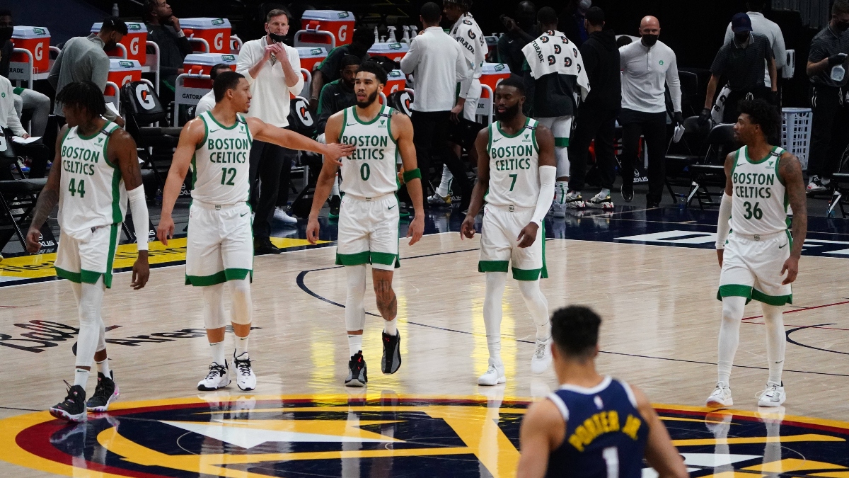 Boston Celtics center Robert Williams III (44) and forward Grant Williams (12) and forward Jayson Tatum (0) and guard Jaylen Brown (7) and guard Marcus Smart (36)