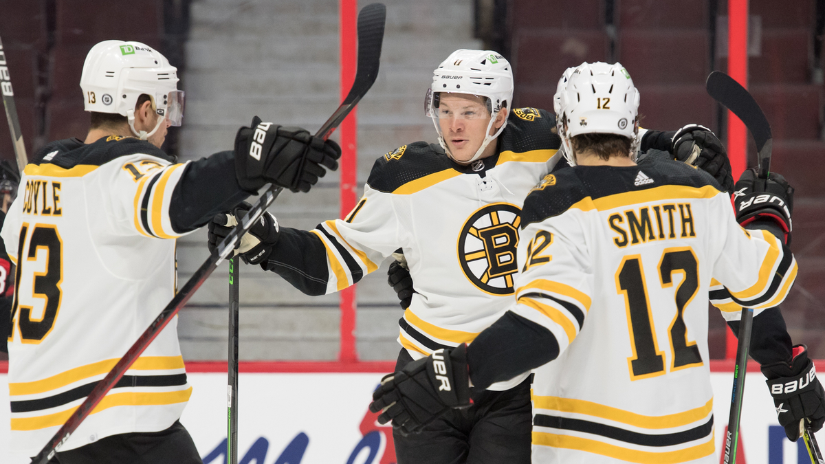 Boston Bruins forwards Charlie Coyle, Trent Frederic, Craig Smith