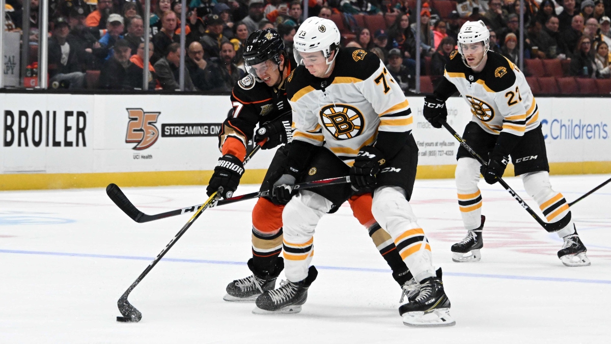 Anaheim Ducks left wing Rickard Rakell (67) and Boston Bruins defenseman Charlie McAvoy (73)