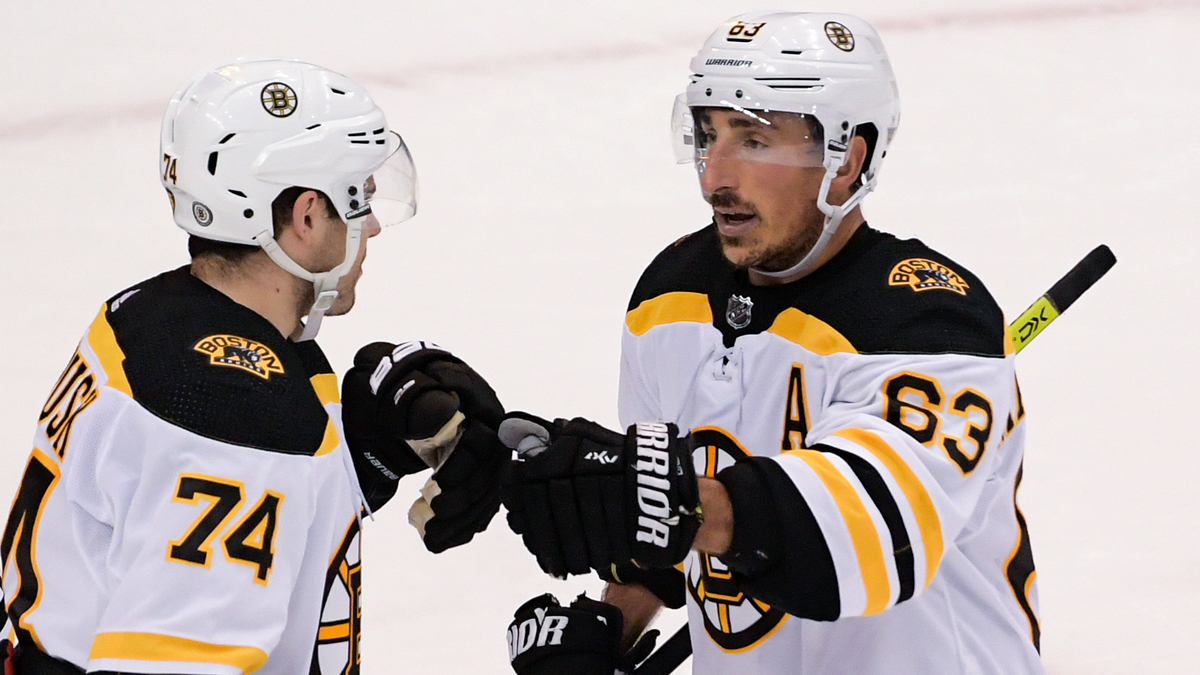 Boston Bruins forwards Jake DeBrusk, Brad Marchand