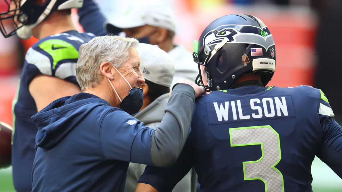 Seattle Seahawks head coach Pete Carroll, quarterback Russell Wilson