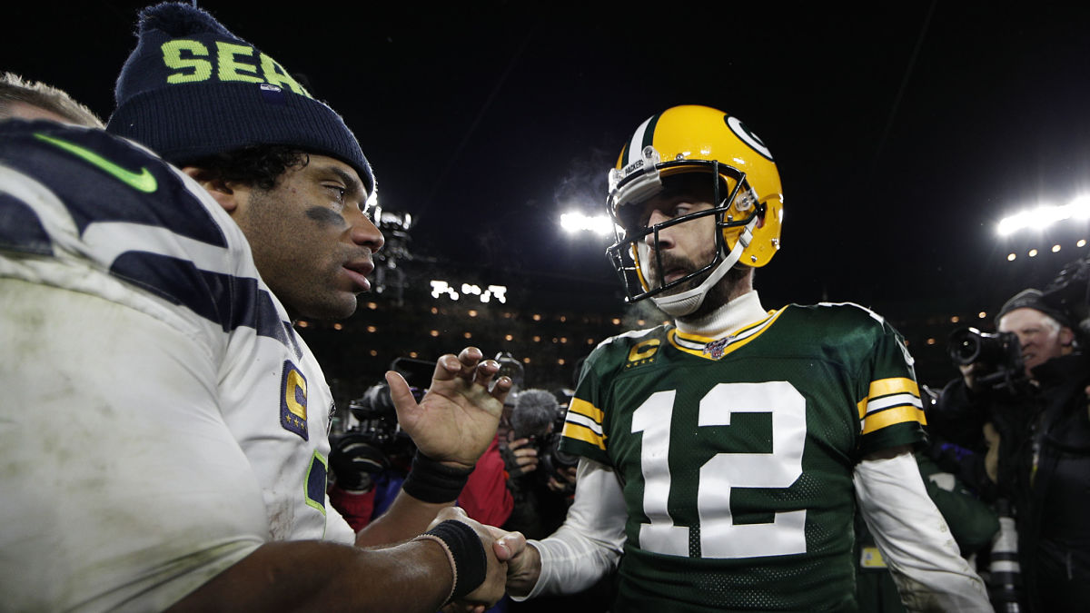 Denver Broncos quarterback Russell Wilson, Green Bay Packers quarterback Aaron Rodgers