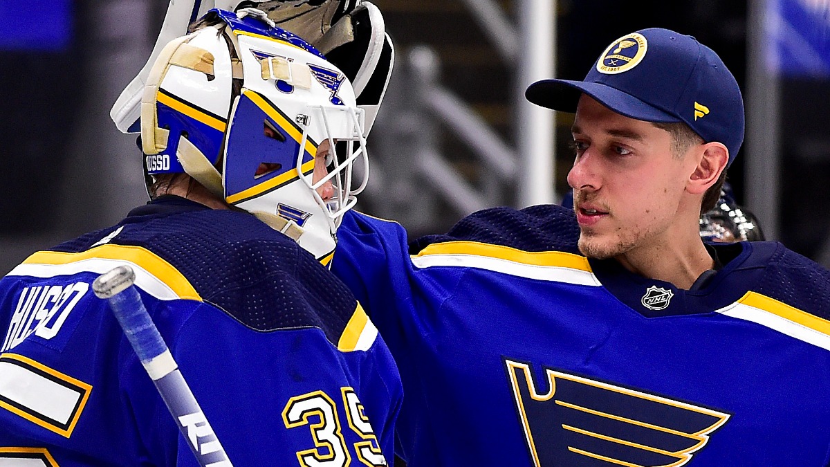 St. Louis Blues goaltenders Ville Husso and Jordan Binnington