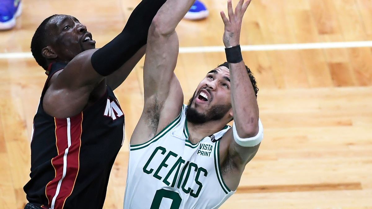 Miami Heat forward Bam Adebayo and Boston Celtics forward Jayson Tatum