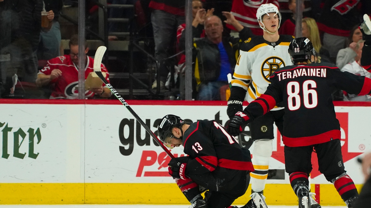 Carolina Hurricanes forward Max Domi celebrates his goal against the Bruins