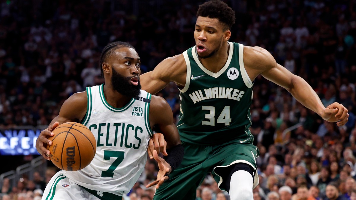 Boston Celtics guard Jaylen Brown, Milwaukee Bucks forward Giannis Antetokounmpo