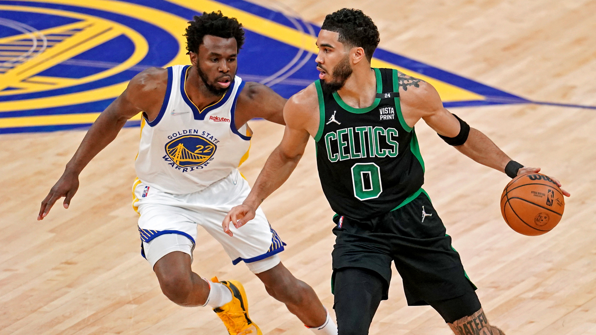 Boston Celtics forward Jayson Tatum and Golden State Warriors forward Andrew Wiggins