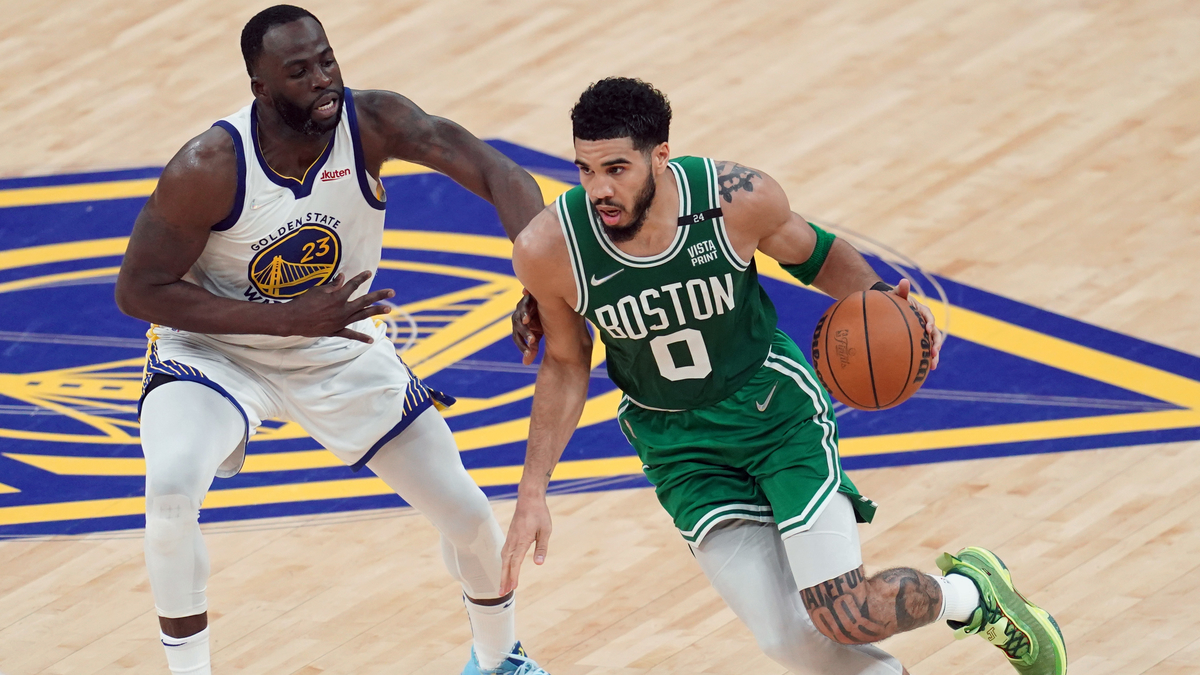 Boston Celtics forward Jayson Tatum and Golden State Warriors forward Draymond Green