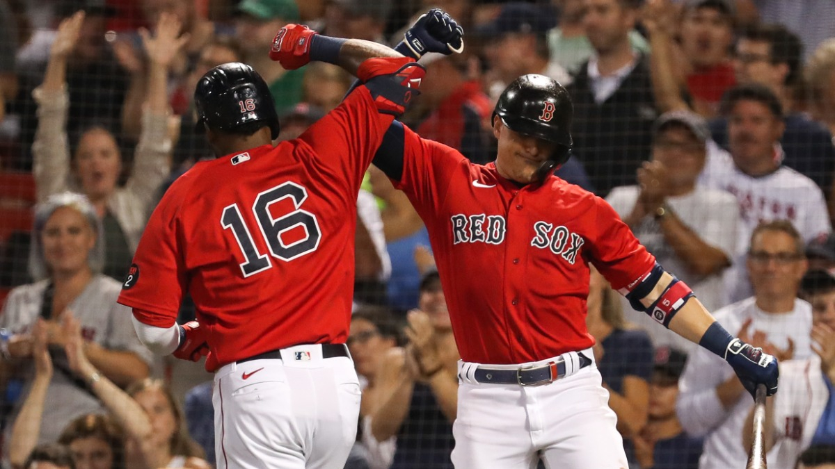 Boston Red Sox first baseman Franchy Cordero (16) and second baseman Kiké Hernández (5)