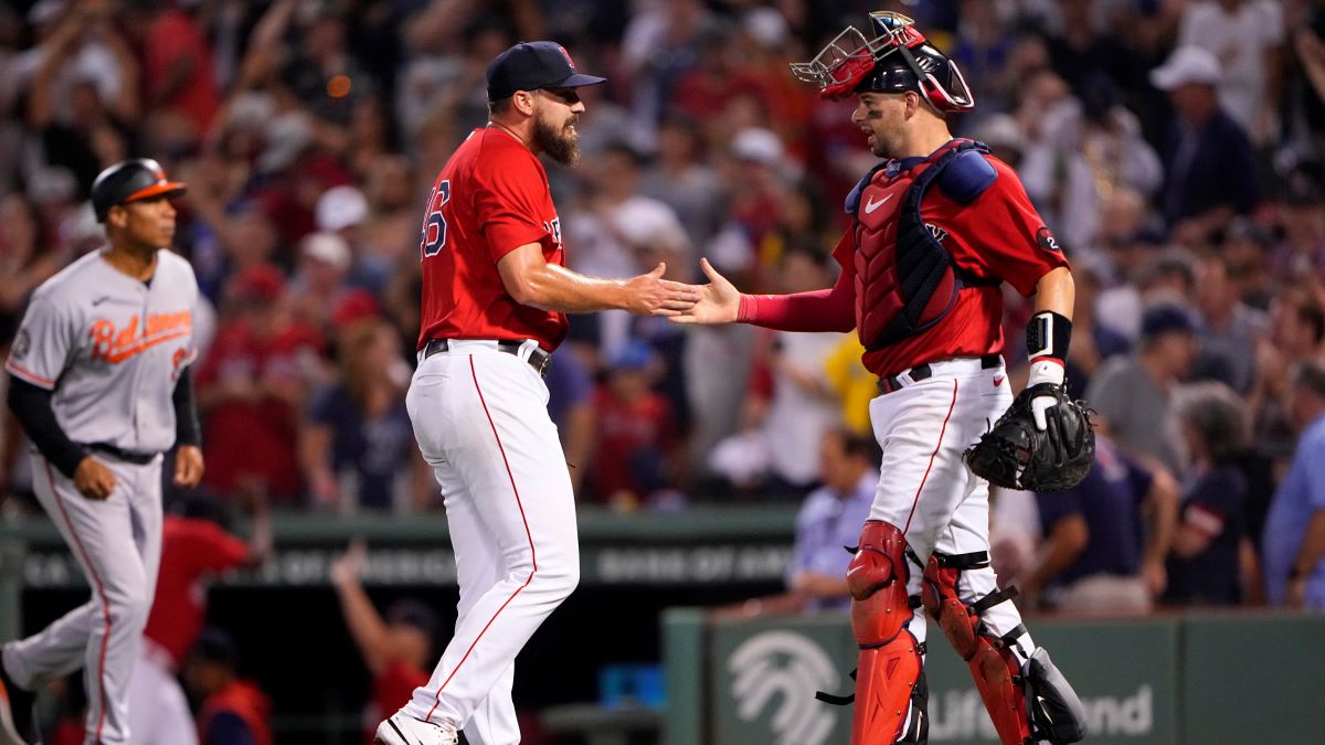 Boston Red Sox reliever John Schreiber and catcher Kevin Plawecki