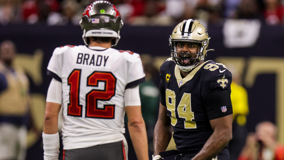 Tampa Bay Buccaneers quarterback Tom Brady and New Orleans Saints defensive end Cameron Jordan