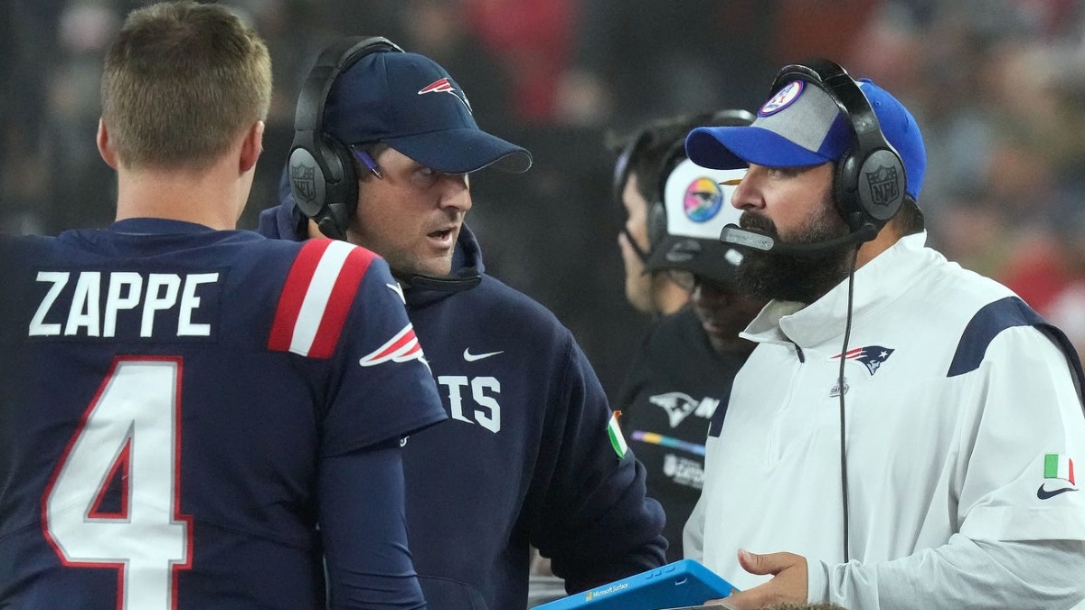 New England Patriots coaches Joe Judge, Matt Patricia and quarterback Bailey Zappe