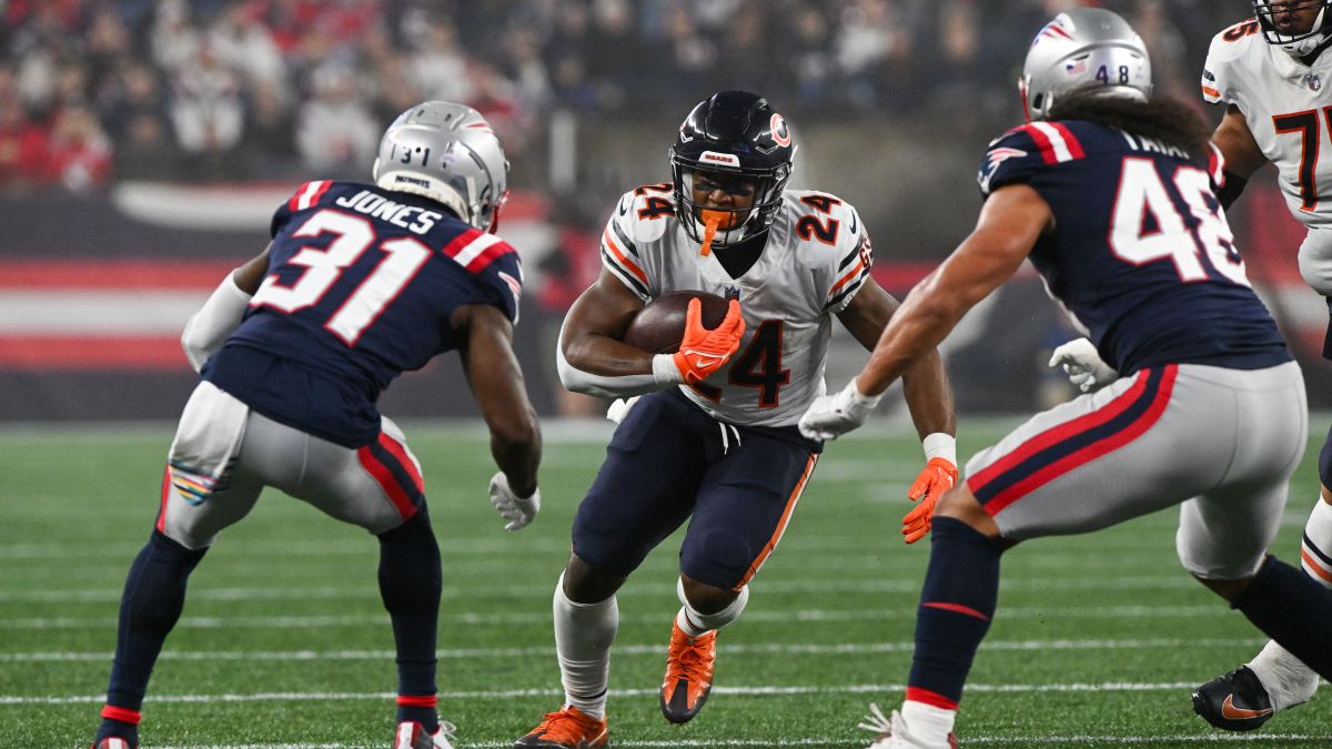 New England Patriots cornerback Jonathan Jones and Chicago Bears running back Khalil Herbert