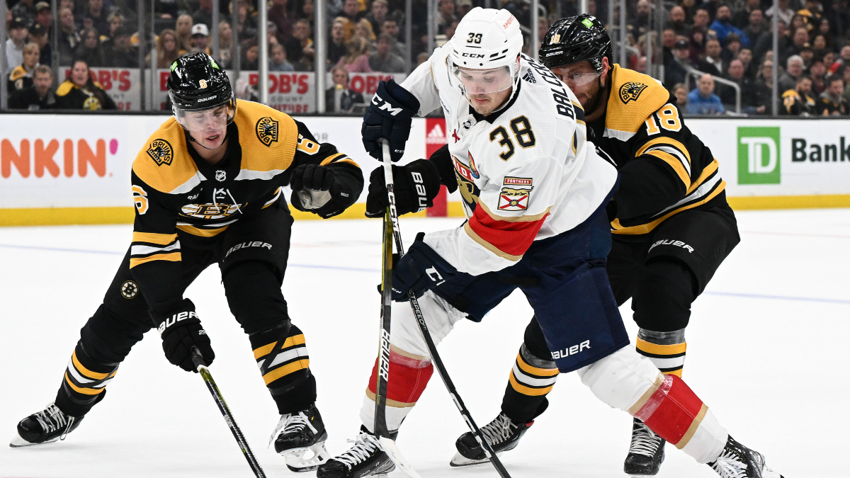 Boston Bruins defenseman Mike Reilly and forward Pavel Zacha
