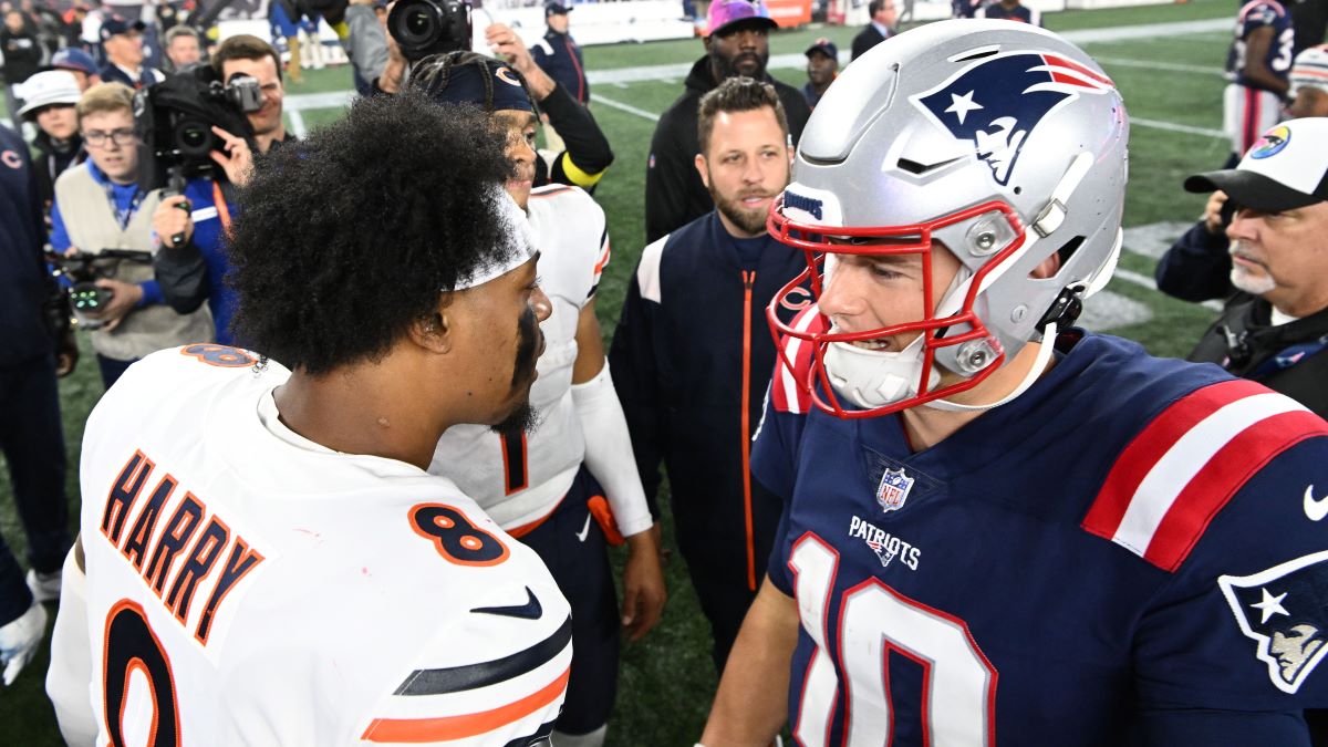 Chicago Bears wide receiver N'Keal Harry and New England Patriots quarterback Mac Jones