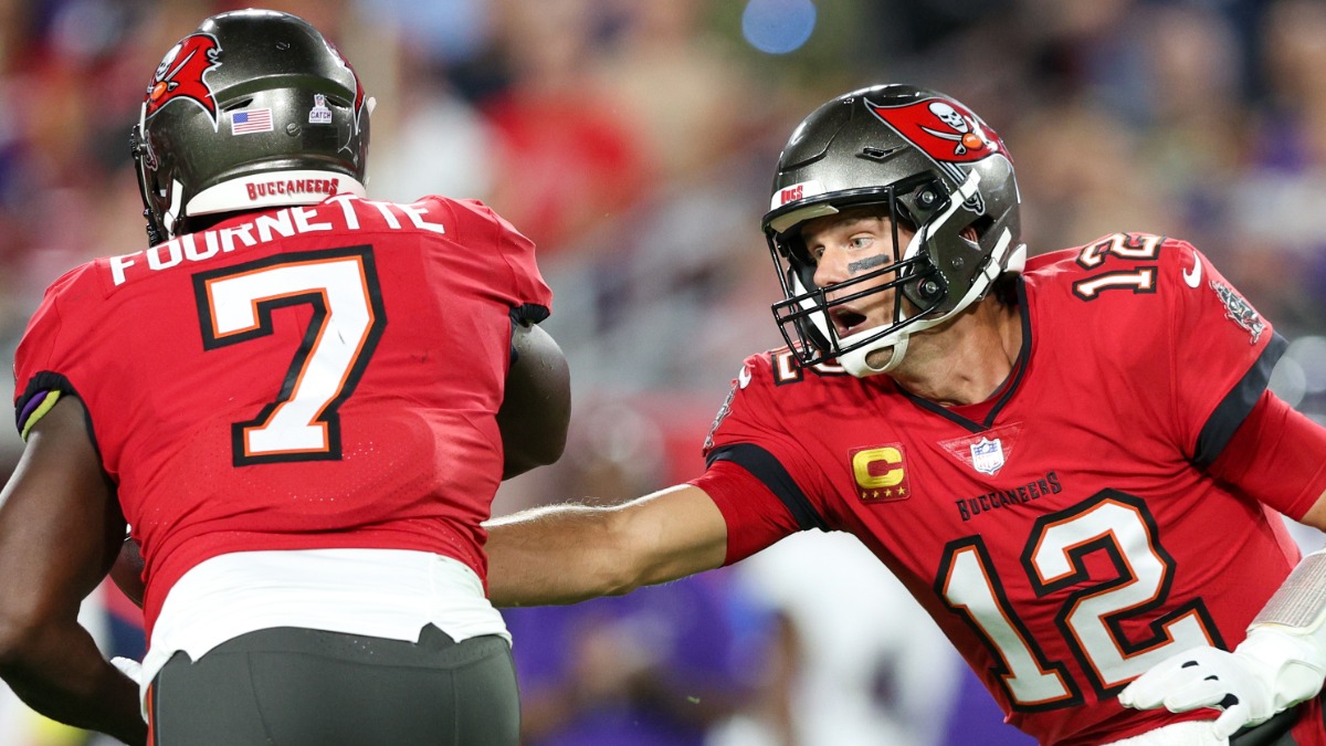 Tampa Bay Buccaneers quarterback Tom Brady, running back Leonard Fournette