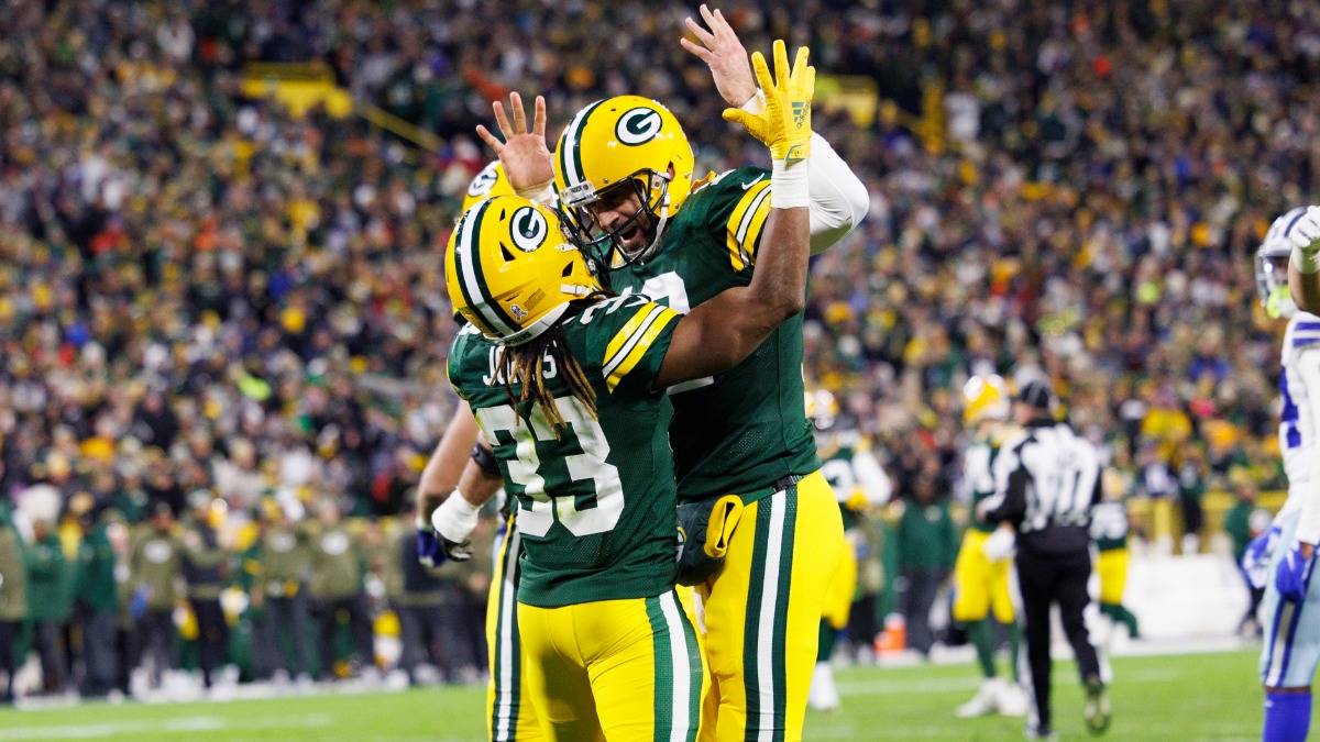 Green Bay Packers running back Aaron Jones, quarterback Aaron Rodgers