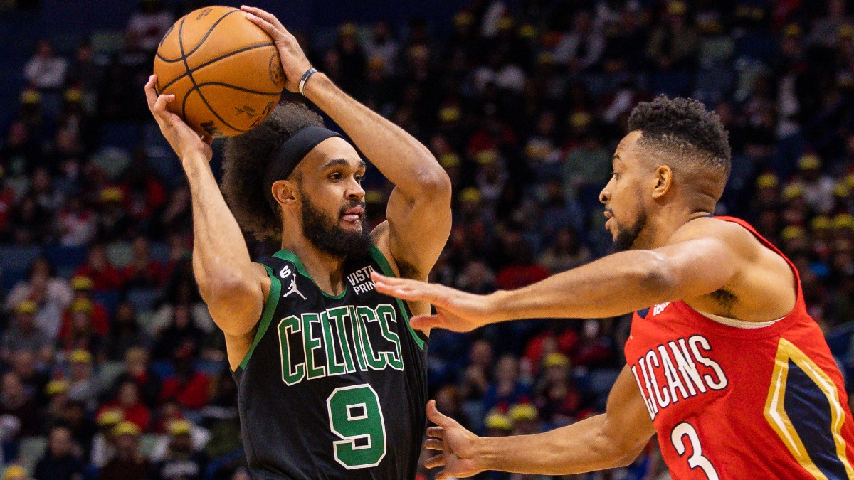 Boston Celtics guard Derrick White and Atlanta Hawks guard Trae Young