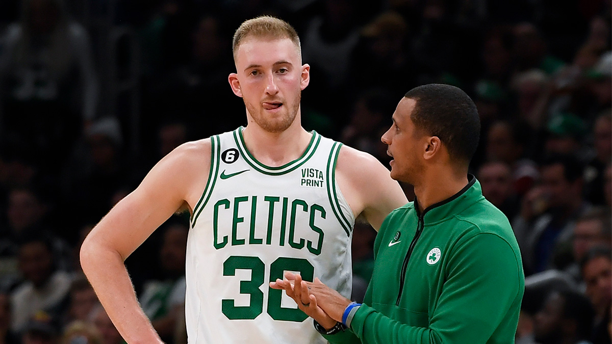 Boston Celtics forward Sam Hauser and head coach Joe Mazzulla
