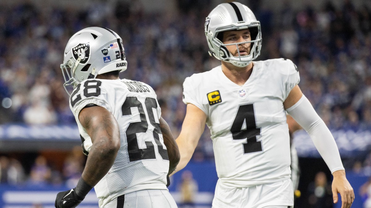 Las Vegas Raiders running back Josh Jacobs and quarterback Derek Carr