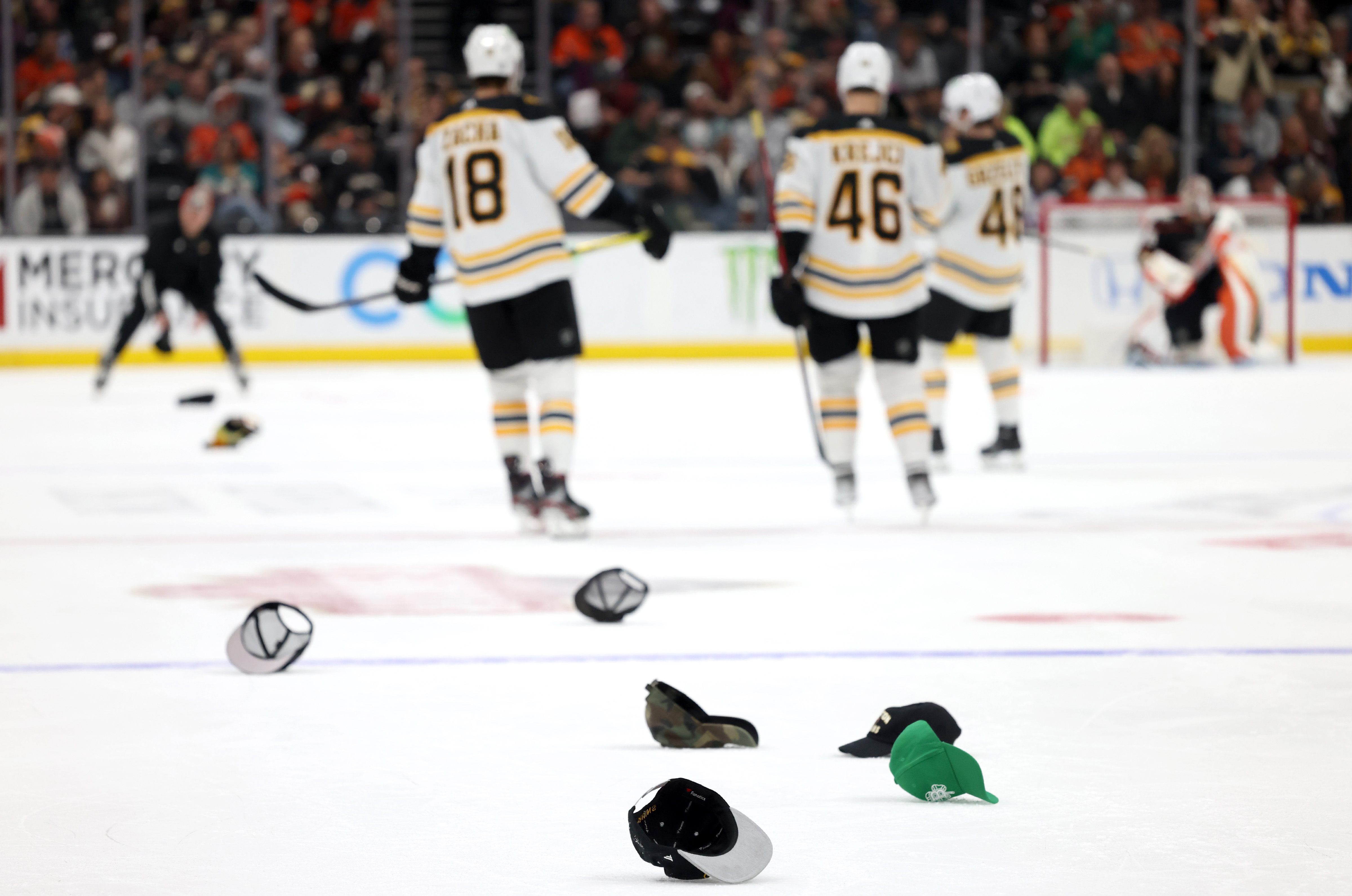 Boston Bruins celebrate right wing David Pastrnak's hat trick