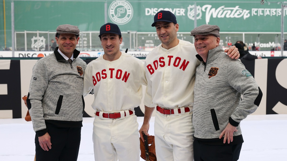 Boston Bruins' Don Sweeney, Brad Marchand, Patrice Bergeron, David Montgomery