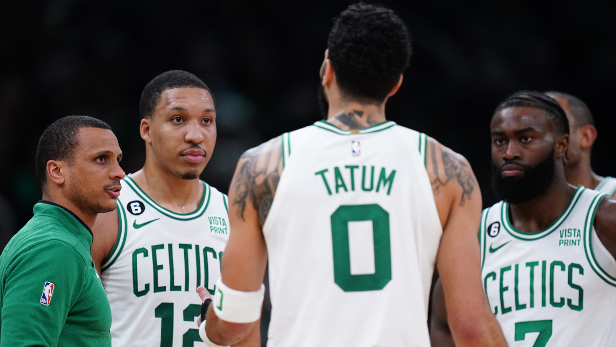 Boston Celtics interim coach Joe Mazzulla, guard Jaylen Brown and forwards Jayson Tatum and Grant Williams