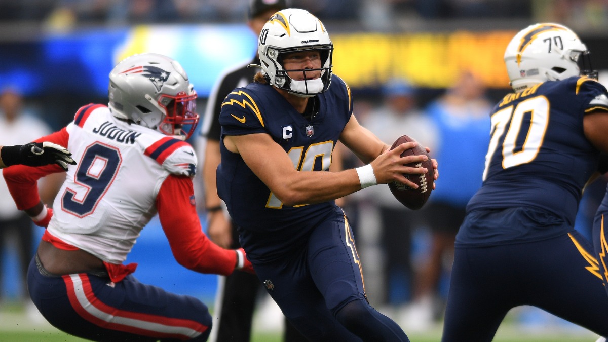 Los Angeles Chargers quarterback Justin Herbert, New England Patriots outside linebacker Matt Judon