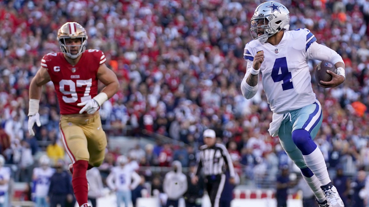 San Francisco 49ers defensive end Nick Bosa and Dallas Cowboys quarterback Dak Prescott