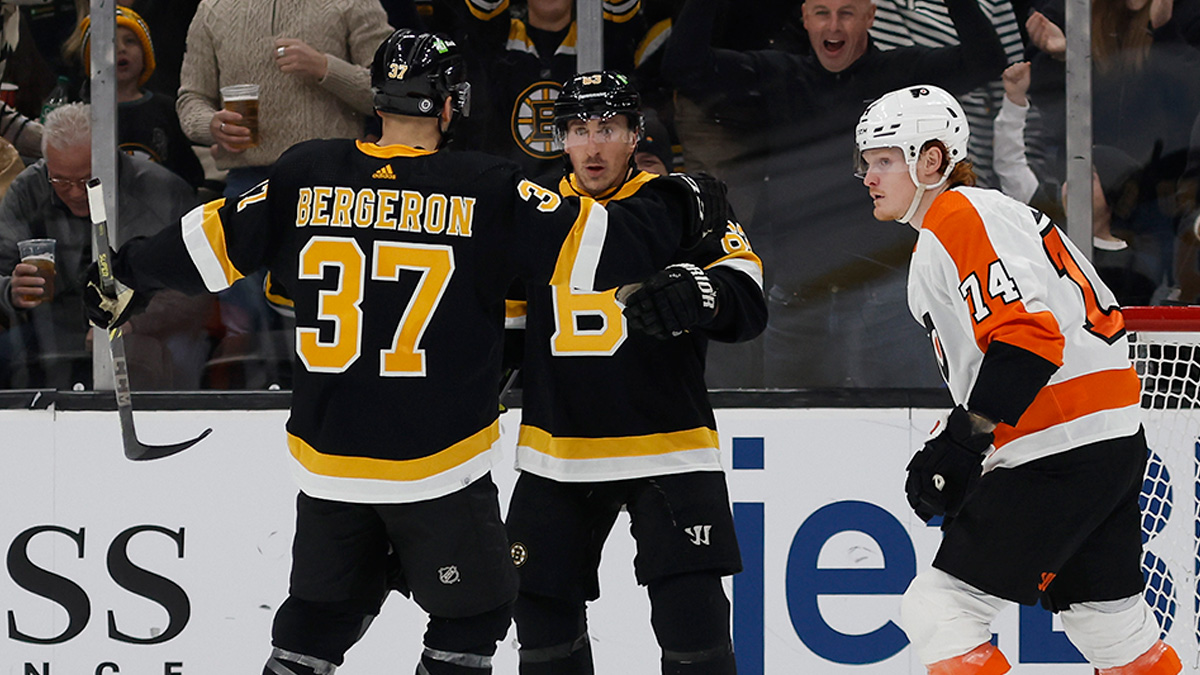 Boston Bruins center Patrice Bergeron and left wing Brad Marchand