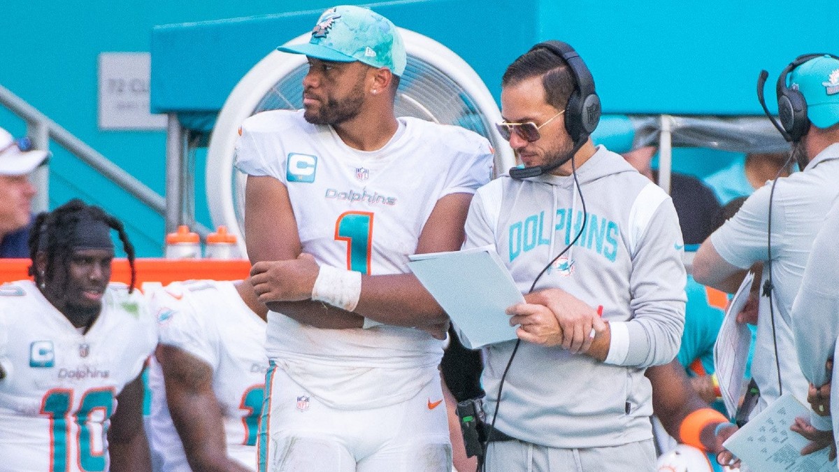 Miami Dolphins quarterback Tua Tagovailoa, head coach Mike McDaniel