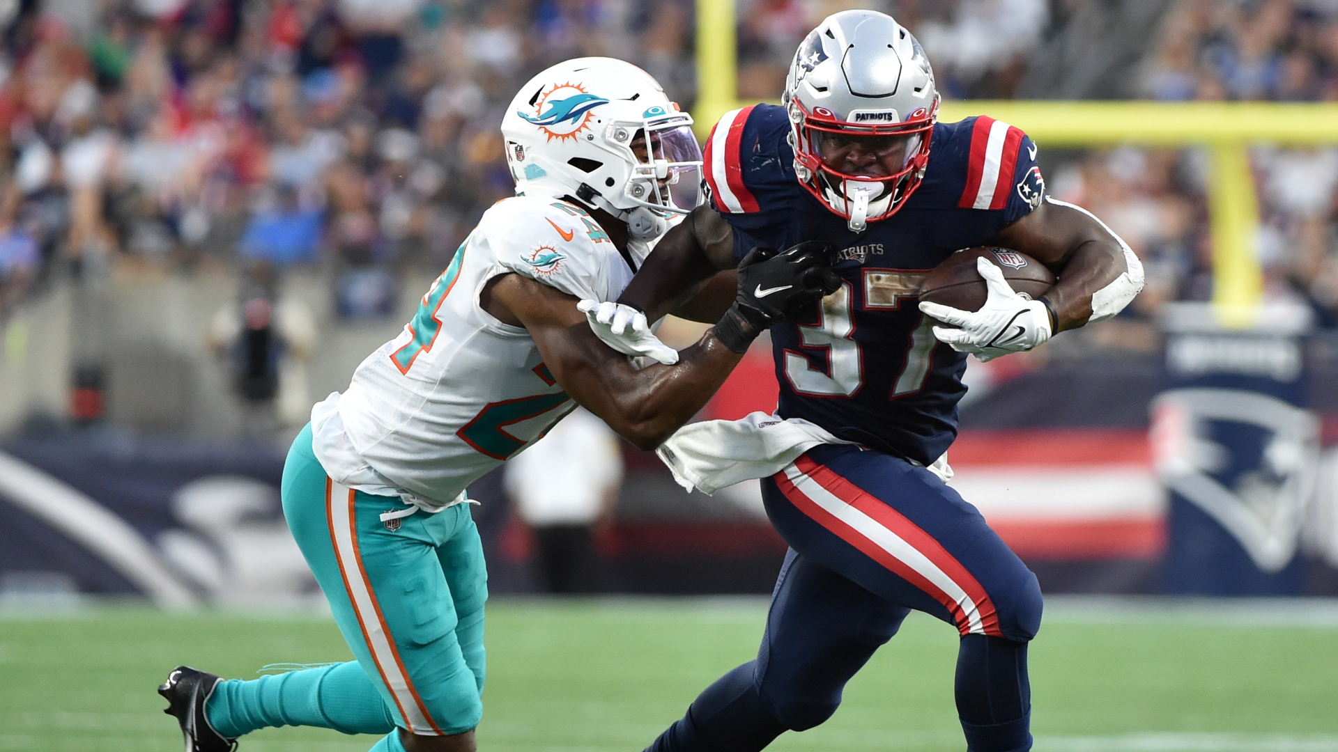 Miami Dolphins cornerback Byron Jones and New England Patriots running back Damien Harris