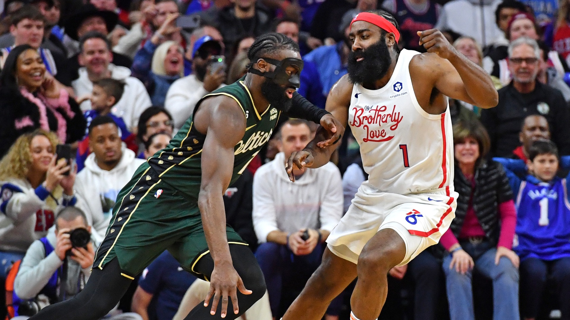 Boston Celtics guard Jaylen Brown, Philadelphia 76ers guard James Harden