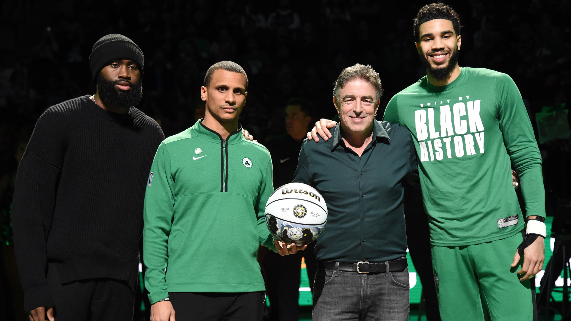 Boston Celtics head coach Joe Mazzulla and wings Jaylen Brown and Jayson Tatum