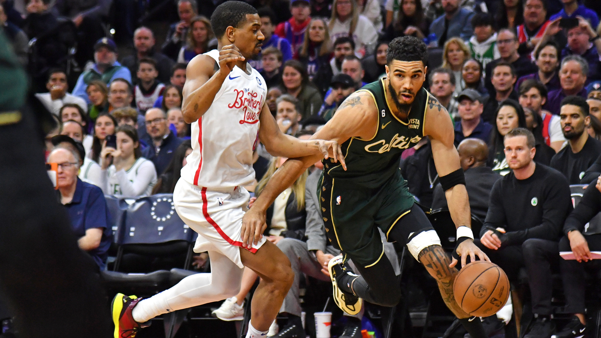 Boston Celtics forward Jayson Tatum, Philadelphia 76ers guard De'Anthony Melton